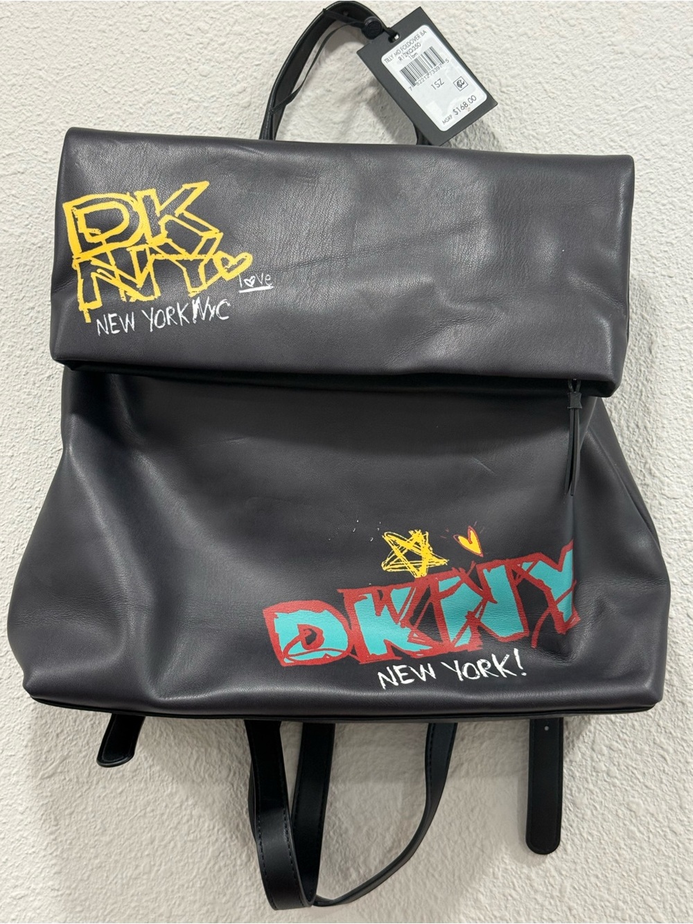 DKNY Black Graffiti Leather Backpack